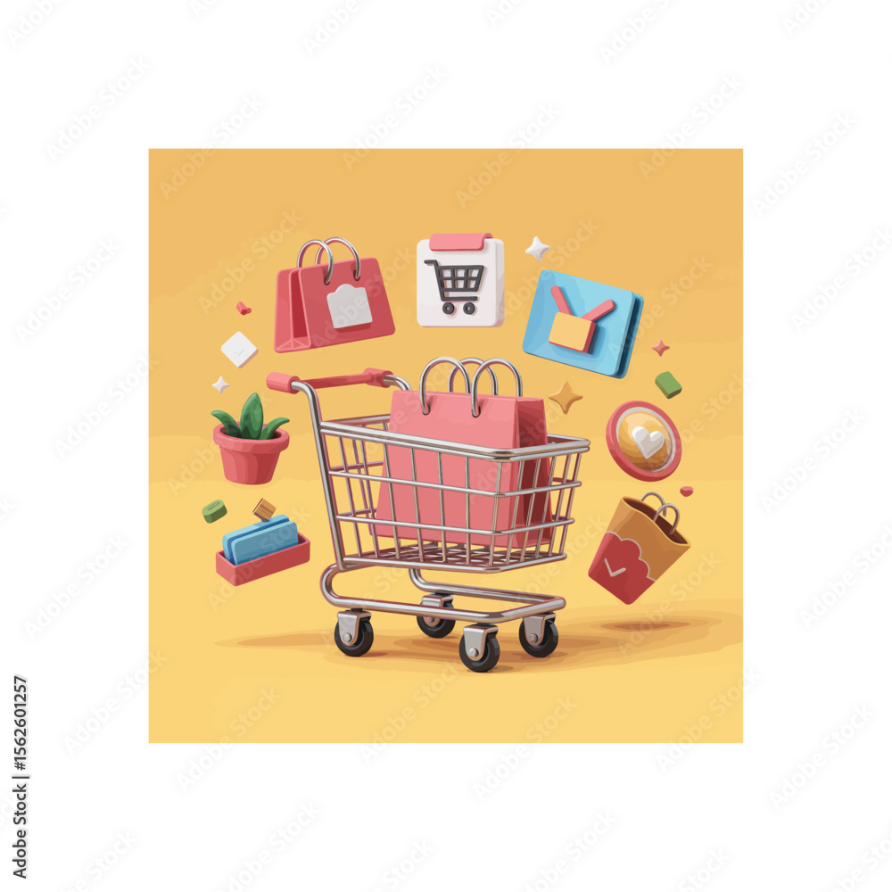 Fototapete 3d rendering of shopping cart surrounded by shopping bags and icons representing online retail and p