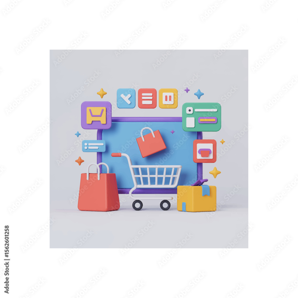 Fototapete 3d rendering of a shopping cart with a tablet and colorful icons displaying online shopping elements