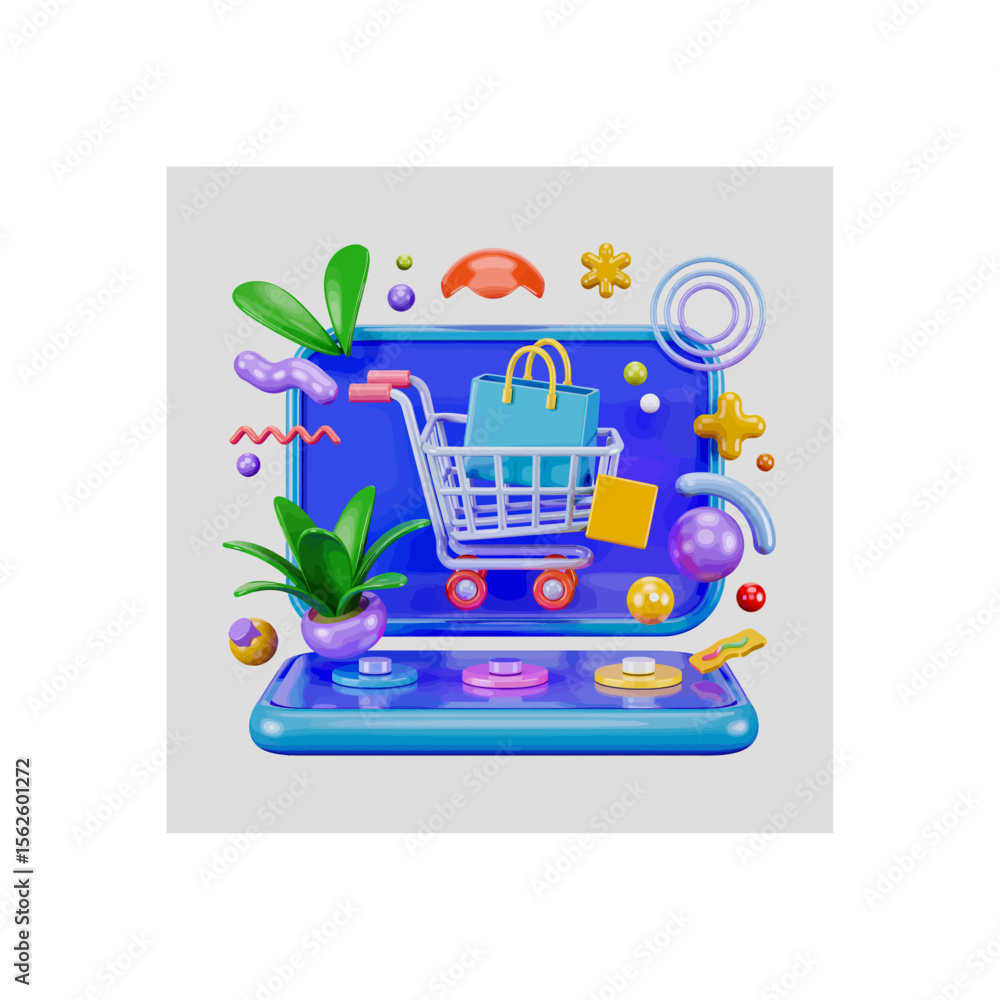 Fototapete 3d rendering showcases online shopping concept with shopping cart, bag, and abstract geometric shape
