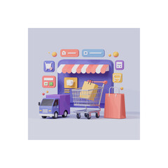 3D illustration of online shopping with a delivery truck, shopping cart, and bags, showing a digital storefront for e-commerce and retail business