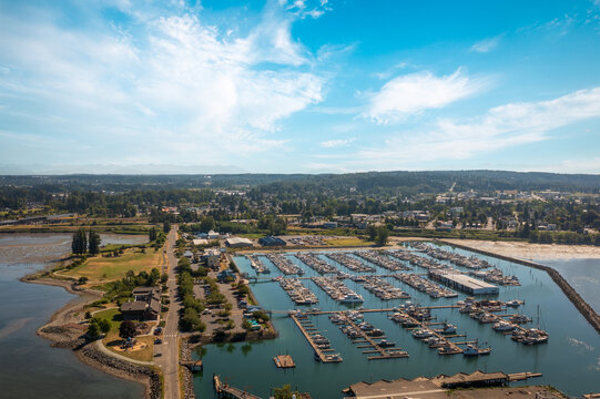 Aerial view of the Blaine, Washington, Marina and the waterfront park. The Port of Bellingham&rsquo;s Blaine Harbor facility offers excellent docking facilities for recreational and commercial vessels.