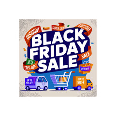 Black Friday sale illustration showcasing discounts and delivery vehicles for promotions and retail events with eye catching design and vibrant color palette perfect for advertising