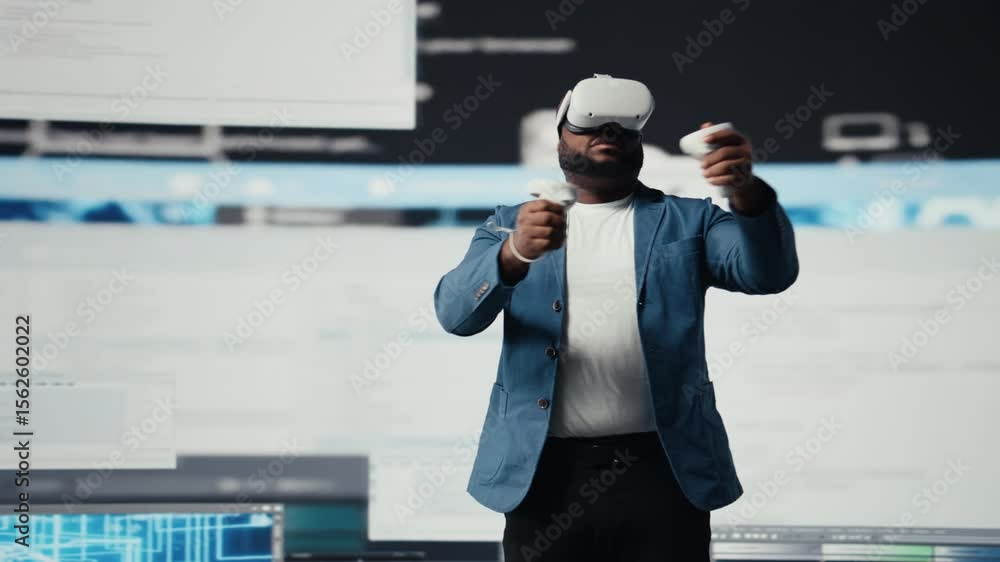Poster african american software developer uses virtual reality headset for coding, high tech interface wor