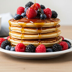 Delicious Pancakes with Maple Syrup and Mixed Berries, Breakfast Image