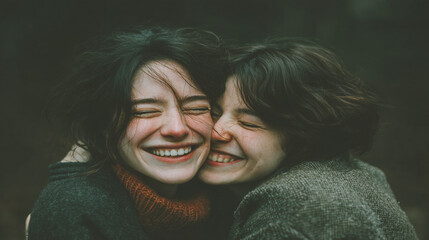 Two young women share a moment of pure, unbridled laughter and genuine affection, radiating happiness.
