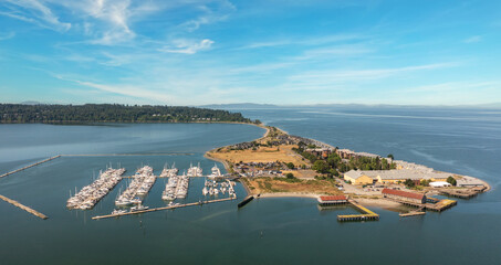 Aerial view of Semiahmoo Spit and the Semiahmoo Resort, located in northwest Washington state. Located on a scenic peninsula that stretches into the Salish Sea it is a popular destination.