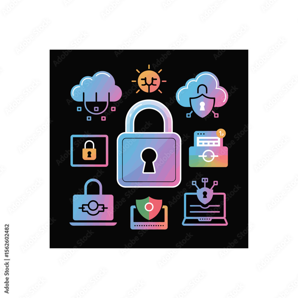 Poster colorful cyber security icons depicting data protection and digital safety on a dark background with
