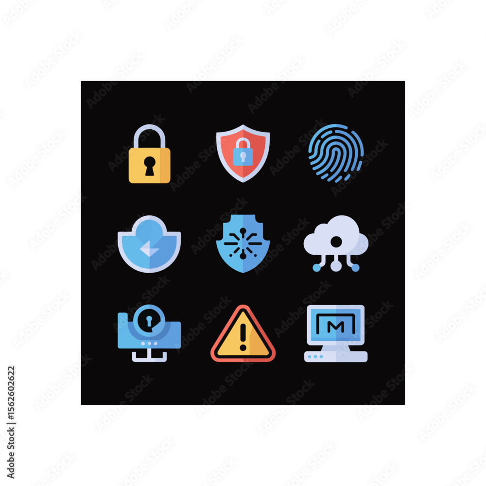 Poster cyber security icons set showcasing data protection and network safety solutions for secure digital 