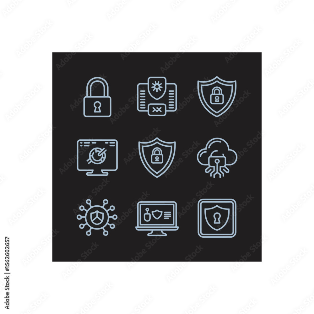 Poster cybersecurity icons showcasing data protection and network security concepts in a modern line art st
