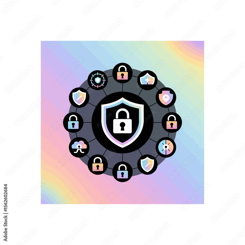 Poster cybersecurity shield icons in circular pattern symbolizing data protection and network security with