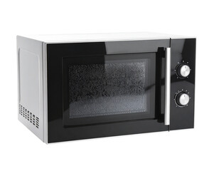 Obraz premium A modern black microwave oven, isolated on a white background, a common kitchen appliance for quick cooking.