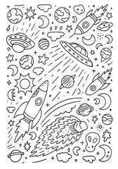 Set of planets icon, Space Doodles illustration.