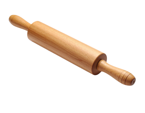 A classic wooden rolling pin, isolated on a white background, essential for baking and dough preparation.