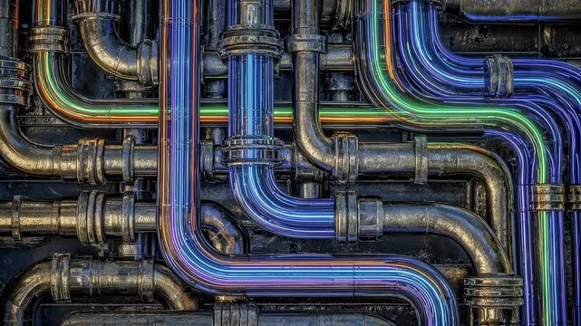 A closeup of interconnected metallic conduits reveals a bustling hub of energy transfer with surges of luminous colors pulsing through the pipes. The complex junctions and valves are