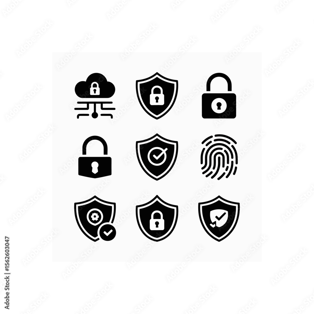 Poster secure digital world vector icons depicting cloud security, shields with locks, fingerprint scans an