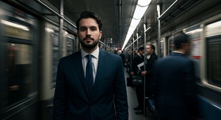 Confident businessman in a sharp suit stands on a platform, blurred motion conveying a sense of urban dynamism and career ambition.