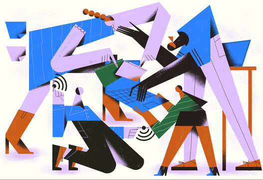 Strong and united teamwork staff solving tasks and working toget