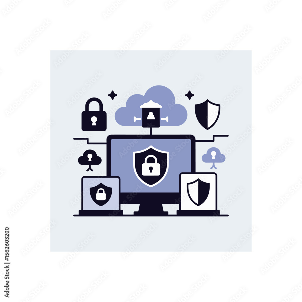 Poster vector illustration depicting cybersecurity with computer, cloud and shield icons representing data 