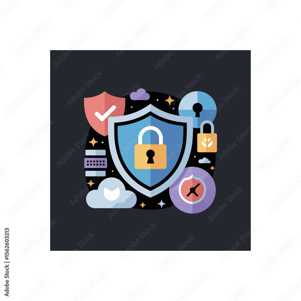 Poster vector illustration featuring data security elements including a shield, lock, cloud, and various cy
