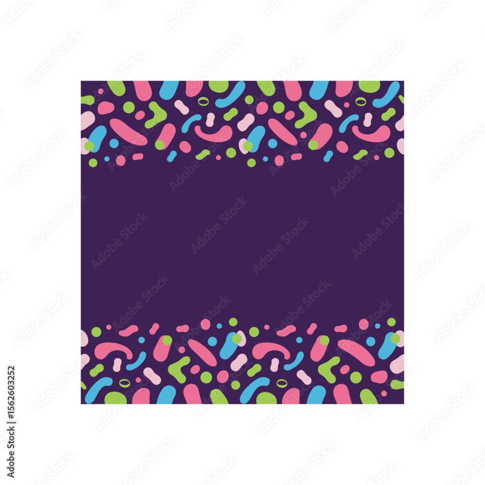 Poster vibrant confetti background with playful abstract shapes on a rich purple backdrop, perfect for addi