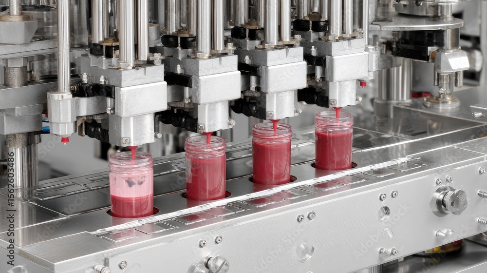 Poster filling machine with multiple heads dispensing soups into flexible retort pouches