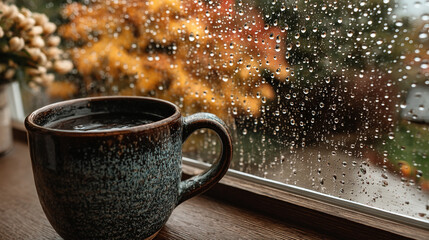 A warm beverage by a rain-streaked window offers comfort on a colorful autumn day.