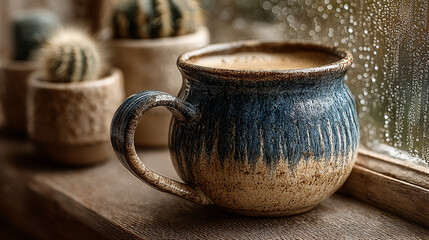 A rustic ceramic mug filled with warm coffee sits by a rain-streaked window on a cozy day.