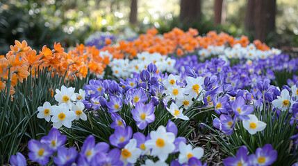 A stunning display of orange, white, and purple spring flowers creates a vibrant and cheerful garden scene.