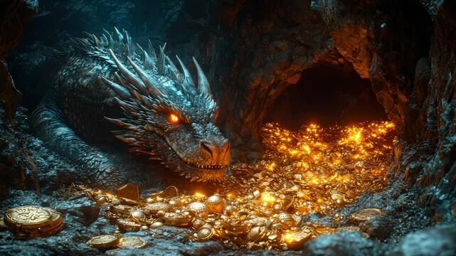 A majestic dragon guards a hoard of glittering gold and jewels within a dark, mysterious cave
