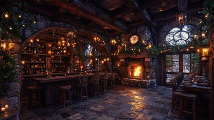 Cozy stone tavern with fireplace, bar, and festive decor