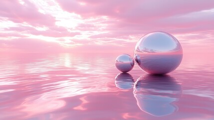 Pink sunset, two spheres on water
