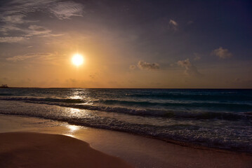 Sea beach with sky sunset or sunrise. Clouds over the sunset sea.