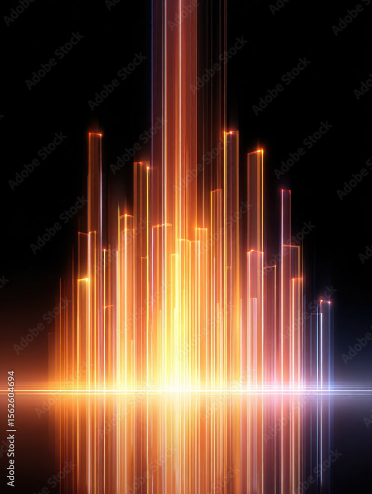 Aufkleber Futuristic glowing vertical light structure with warm orange and cool blue tones reflecting on dark surface, creating vibrant abstract cityscape