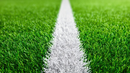 Close up view of green grass on soccer pitch with sharp white line running through center, showing vibrant and fresh turf