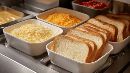 Ingredients bins feeding into a sandwich line where layers are placed automatically