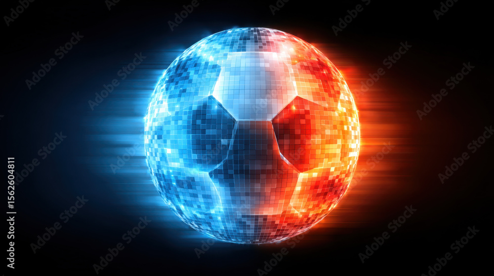 Poster digital soccer ball with glowing blue and red pixelated pattern, dynamic energy effect, and futurist