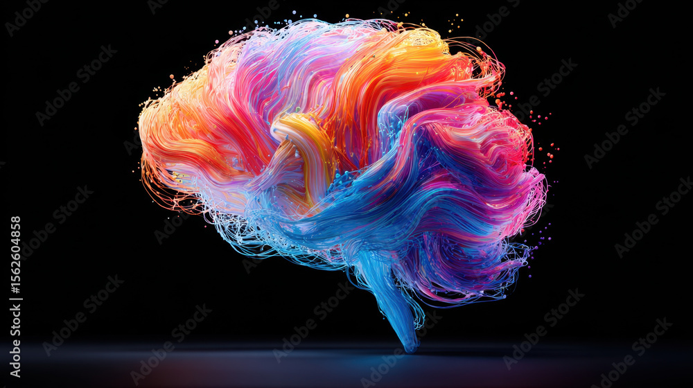 Aufkleber Colorful abstract brain with flowing fiber strands and glowing particles on black background, evoking creativity and dynamic energy