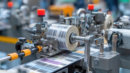 Labeling machine applying printed product details to filled retort pouches in production line
