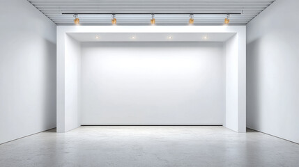 Empty white art gallery wall with track lighting and clean concrete floor creating bright and modern exhibition space