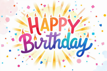 A vibrant Happy Birthday message in a gradient, rainbow-colored font, adorned with candles and surrounded by a burst of yellow rays and colorful confetti.