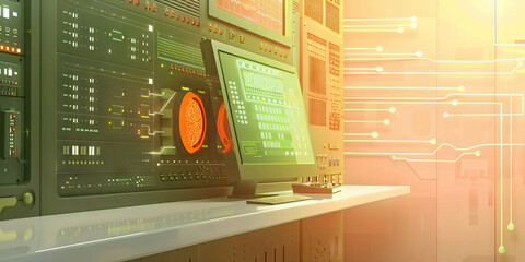 Futuristic Control Room with Data Monitors and Brain Scan Display