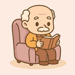 Adorable Old Man Sitting on Armchair Vector | Kawaii Grandpa Character