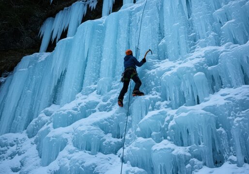 A person ice climbing a frozen waterfall with an ice axe and wearing protective gear on a winter day