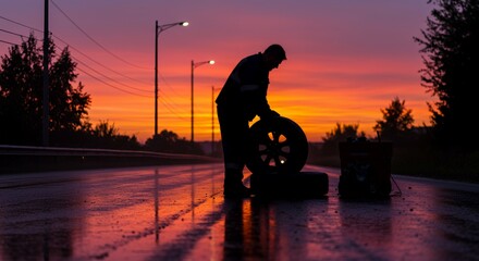 Silhouetted mechanic repairs a tire during a vibrant sunset, casting a dramatic reflection on the wet road.