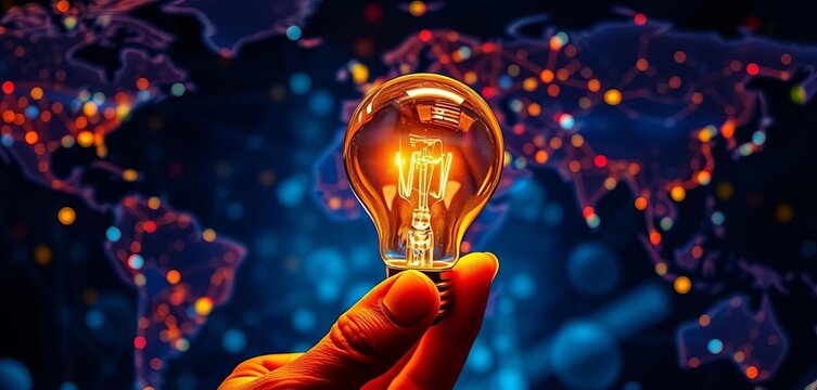 Hand holding glowing bulb, global network connections displayed on digital interface,   strategy,  data