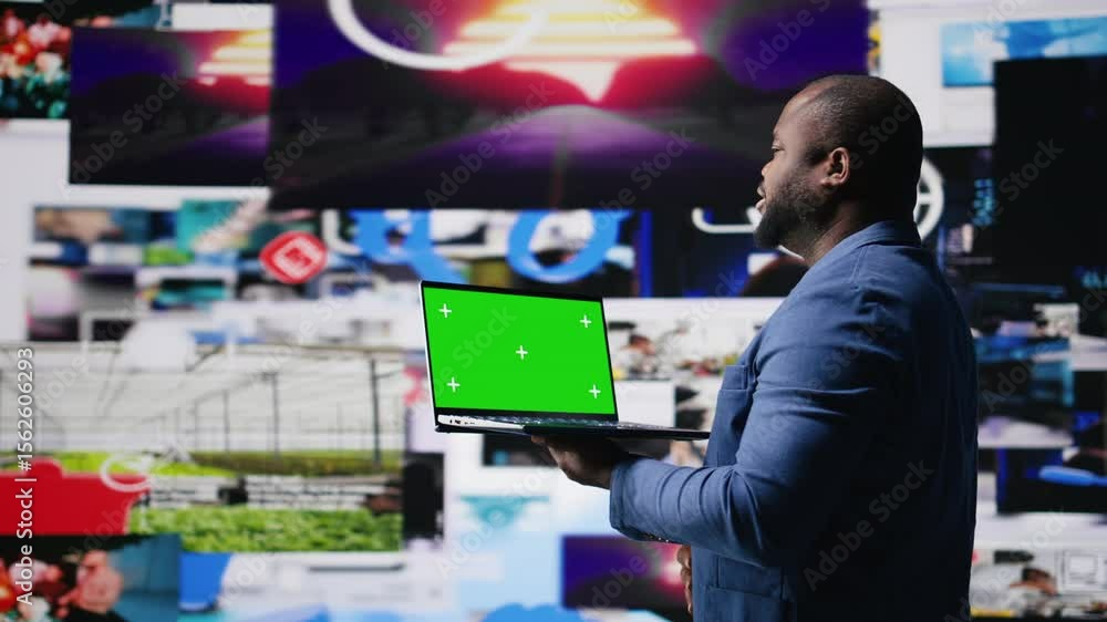 Poster african american tech enthusiast looking at chroma key screen next to digital interfaces and multime