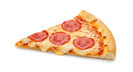 A single slice of pepperoni pizza with melted cheese on a white background in a studio shot