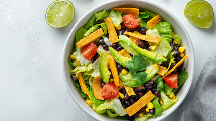 Vegan taco salad with romaine lettuce, black beans, corn, avocado, cherry tomatoes, tortilla strips, lime, and cilantro, perfect for fresh, plant-based meals