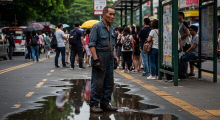 Solitary Man in Overalls Contemplates Life Amidst a Busy City Street After a Rain Shower
