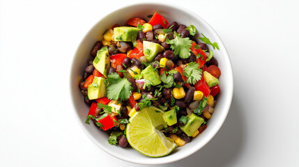 Spicy black bean and corn salad with avocado, red bell pepper, cilantro, and lime, perfect for vegan, high-protein, and summer meal options